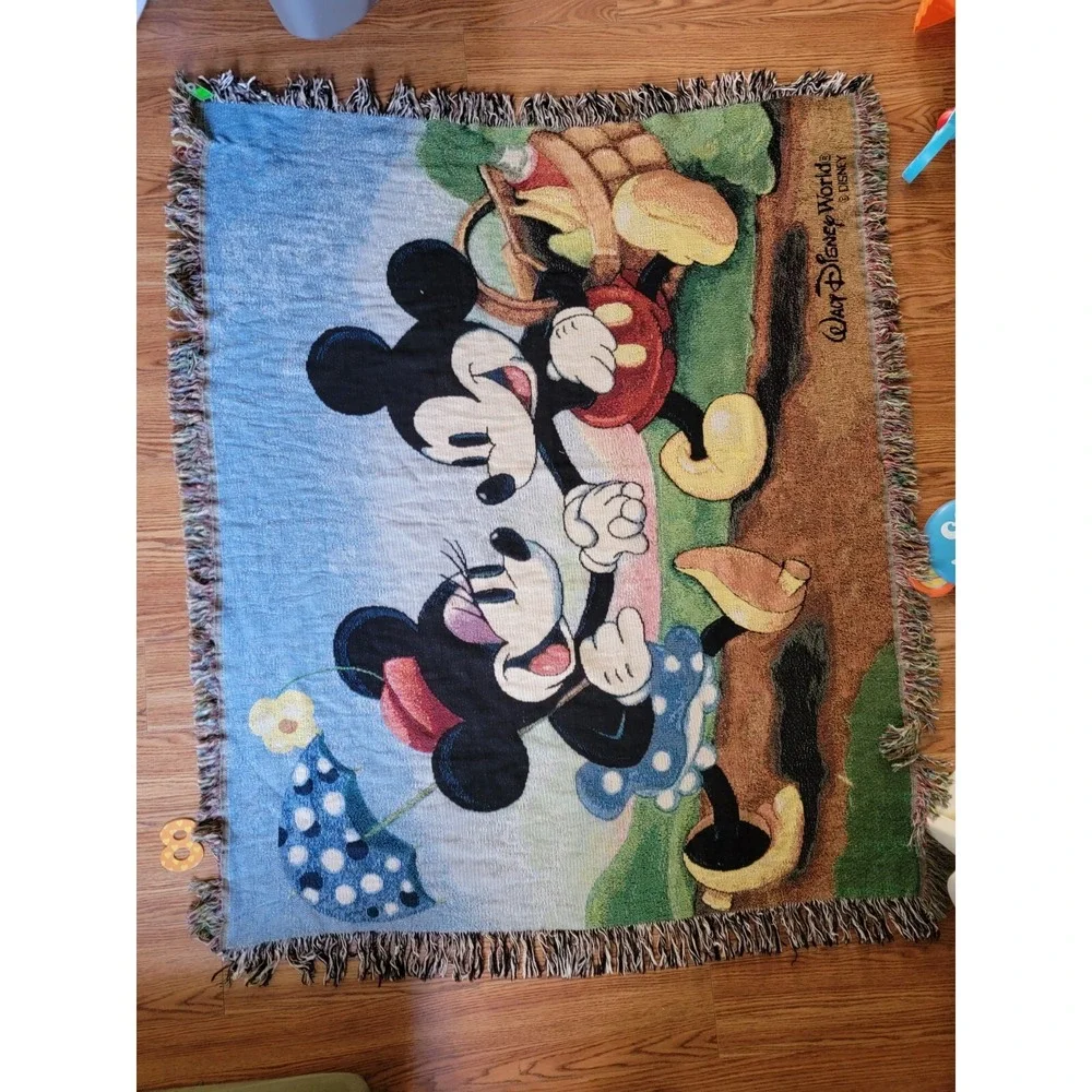 Vintage Disney World Mickey & Minnie Mouse Blanket Tapestry Woven Throw‎ Fringe.